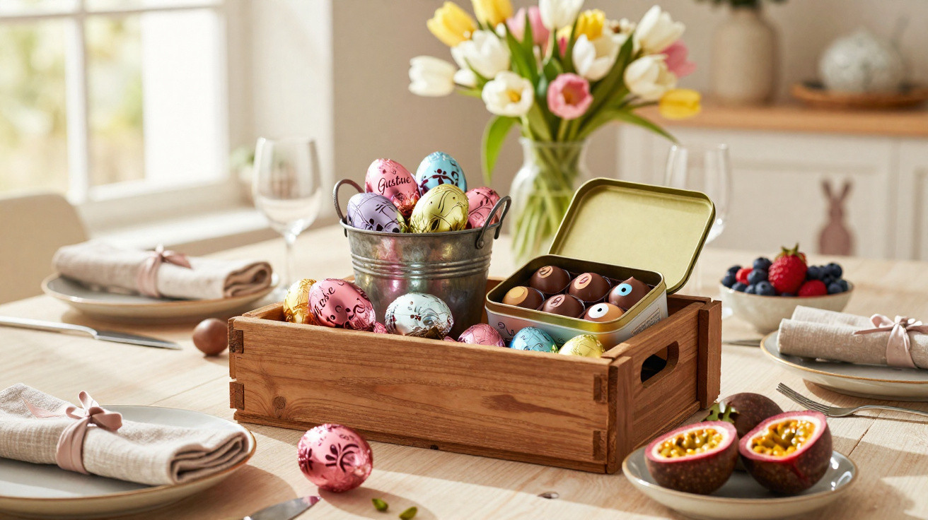 Mesa de madeira com caixa de ovos de chocolate coloridos, flores e frutas frescas num ambiente iluminado.