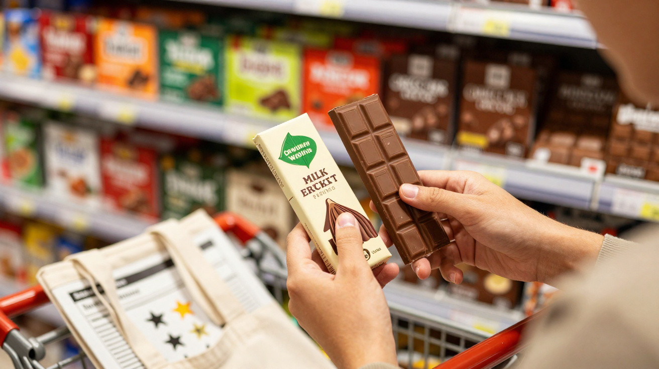 Pessoa a segurar uma barra de chocolate aberto e a embalagem num supermercado, com prateleiras ao fundo.