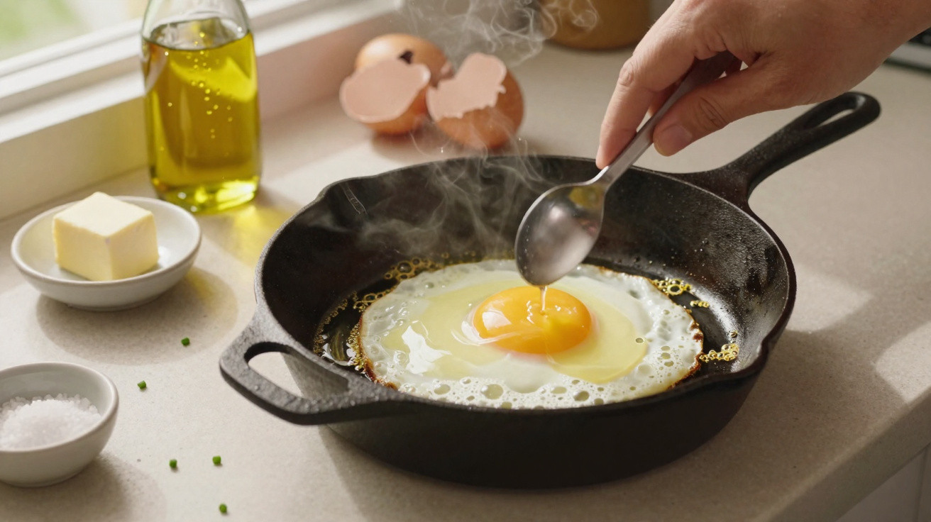 Ovo estrelado a cozinhar numa frigideira de ferro fundido com mãos a mexer a clara.