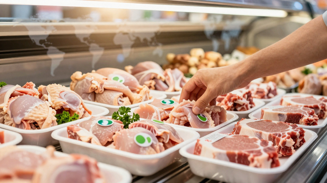 Mostrador de talho com várias peças de carne crua em tabuleiros e mão a pegar numa peça.