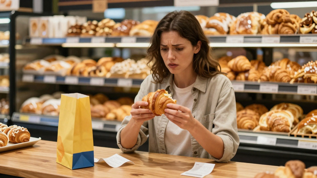 Mulher com expressão preocupada a segurar um croissant numa padaria, com diversas pastelaria ao fundo.