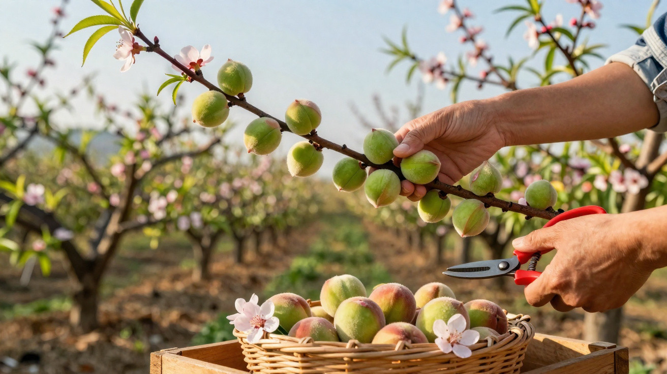 Pessoa a colher pêssegos verdes num pomar com flores rosas e cesta cheia de frutos maduros.