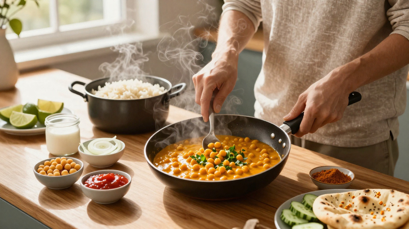 Pessoa a cozinhar um prato de caril de grão com arroz e ingredientes variados numa bancada de cozinha.