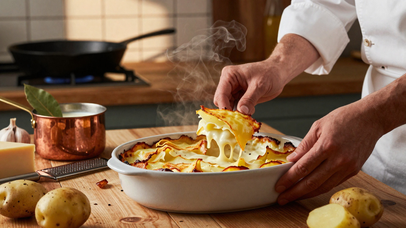 Prato de batatas gratinadas com queijo derretido sendo retirado por mãos em cozinha rústica.