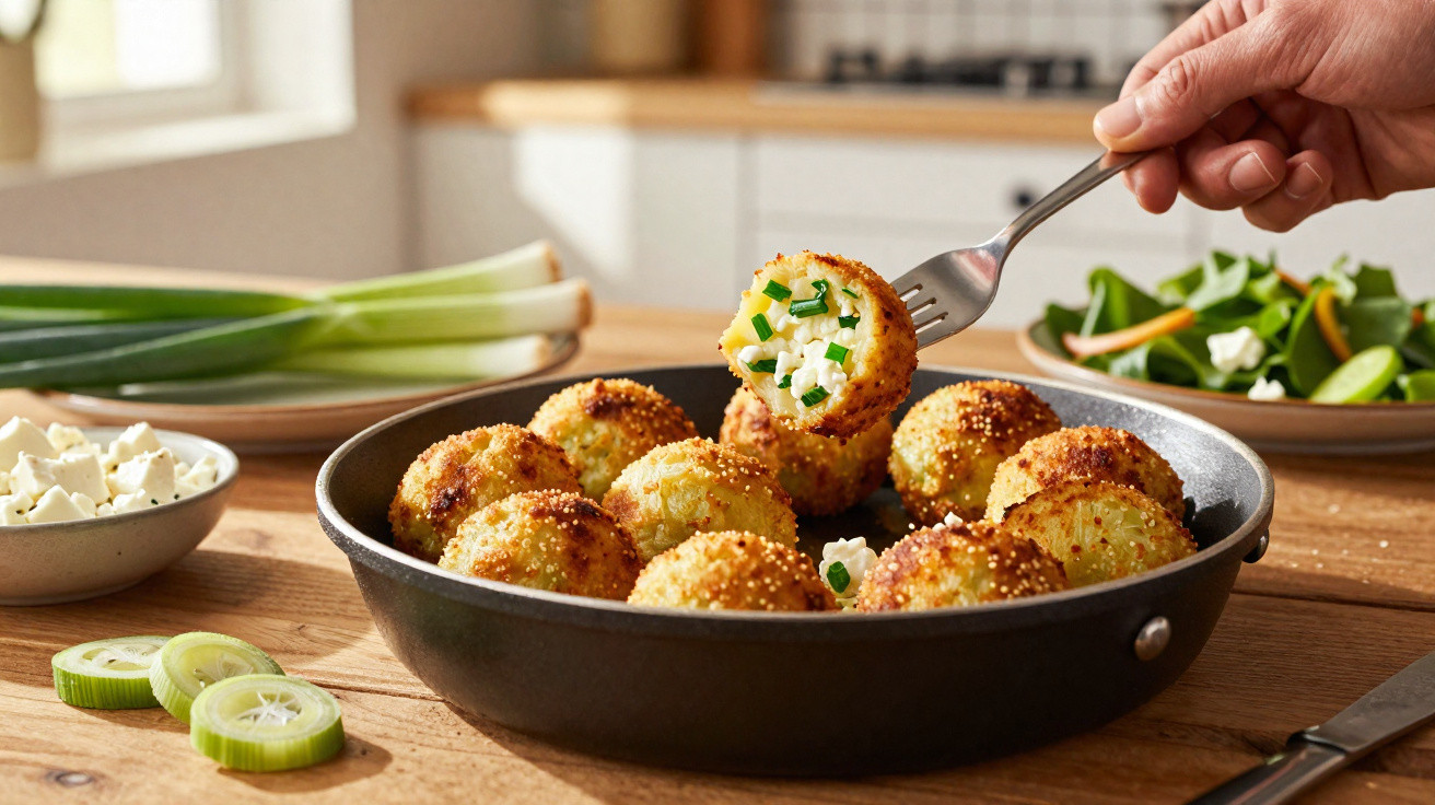 Bolinho dourado com recheio de queijo e cebolinha num prato preto, com ingredientes ao fundo.