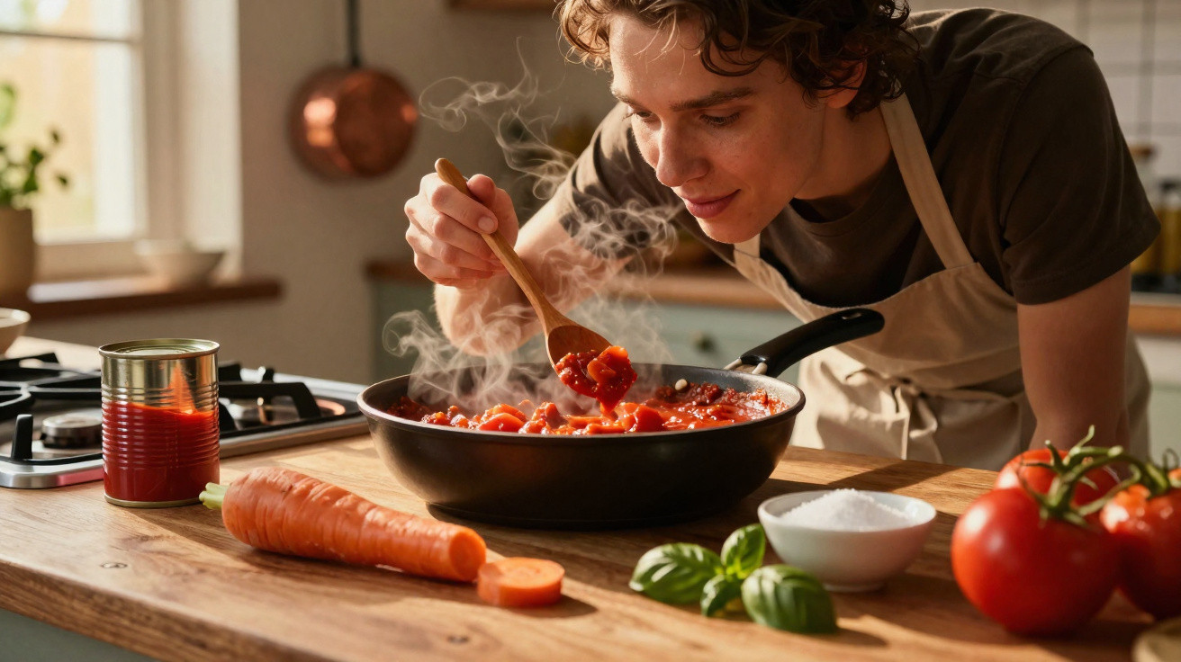 Pessoa a provar molho de tomate a cozinhar numa frigideira numa cozinha com ingredientes frescos.
