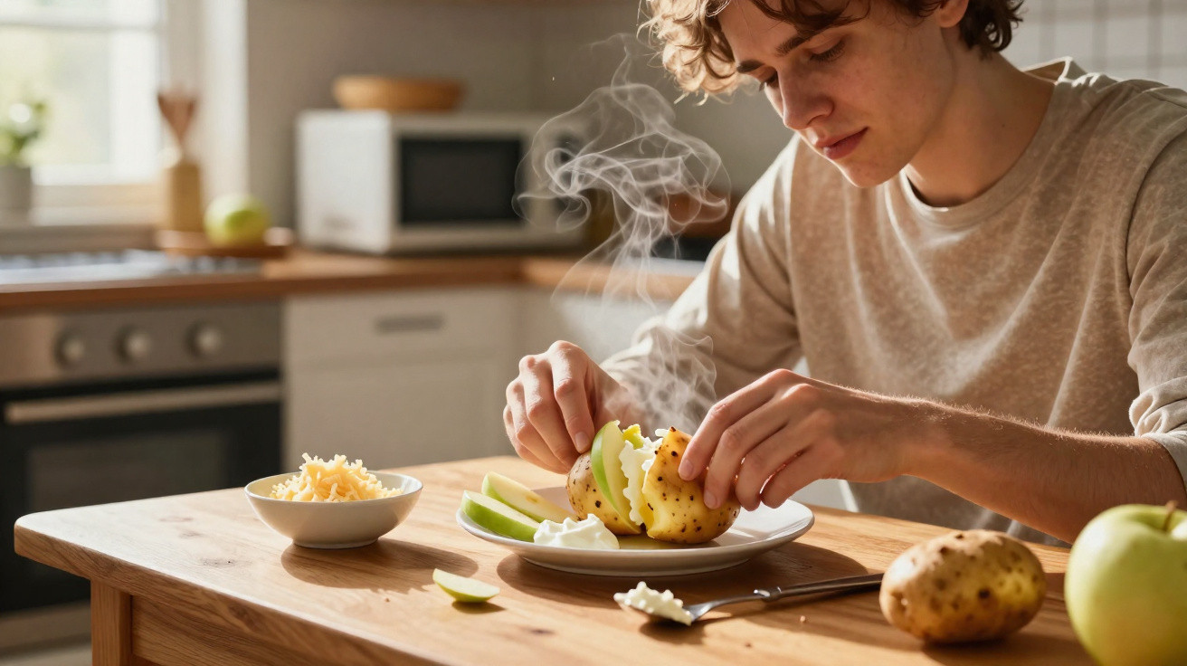 Homem a preparar batata assada com maçã e queijo numa cozinha luminosa.