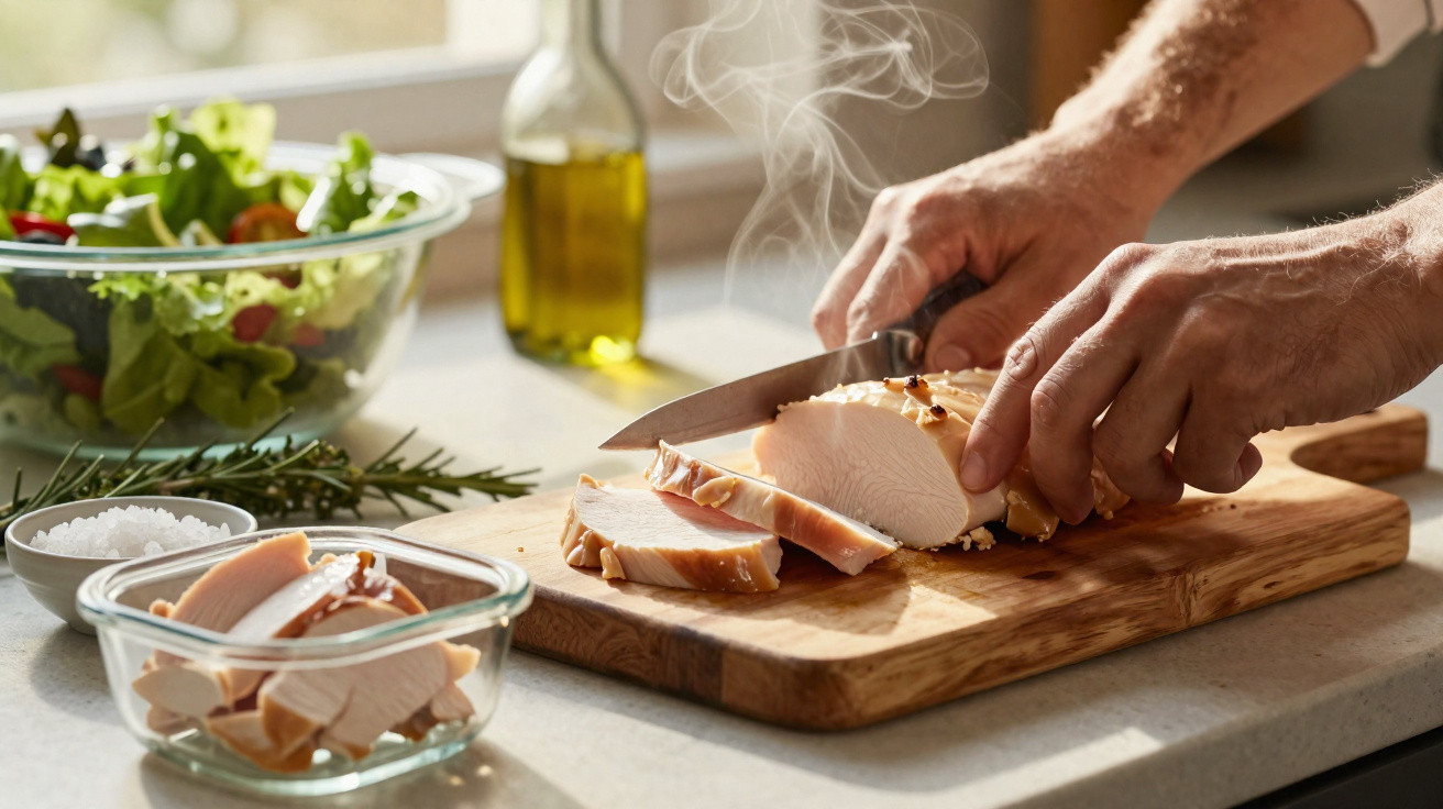 Mãos a cortar peito de frango fumegante numa tábua com sal, azeite e uma taça de salada ao fundo.
