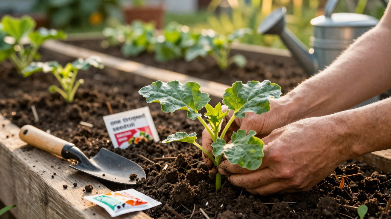 Mãos a plantar uma muda num canteiro de madeira com terra, regador e enxada ao lado.