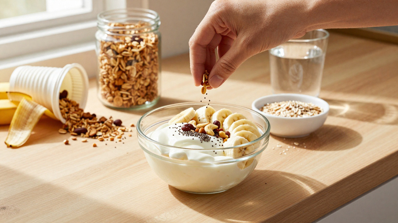 Mão a polvilhar sementes numa taça com iogurte, banana, granola e frutos secos sobre uma mesa de madeira.