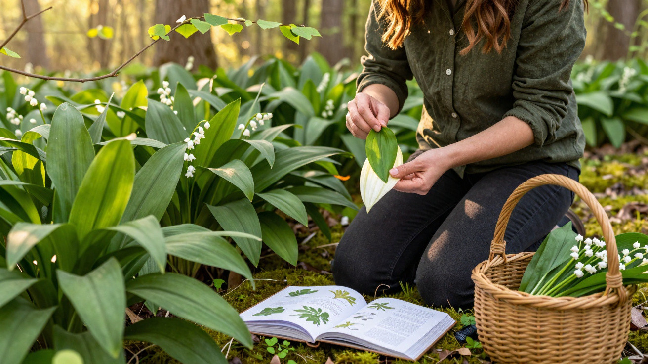 Pessoa analisa folha junto a plantas com flores de lírio-do-vale num bosque, com cesto e livro de botânica aberto.