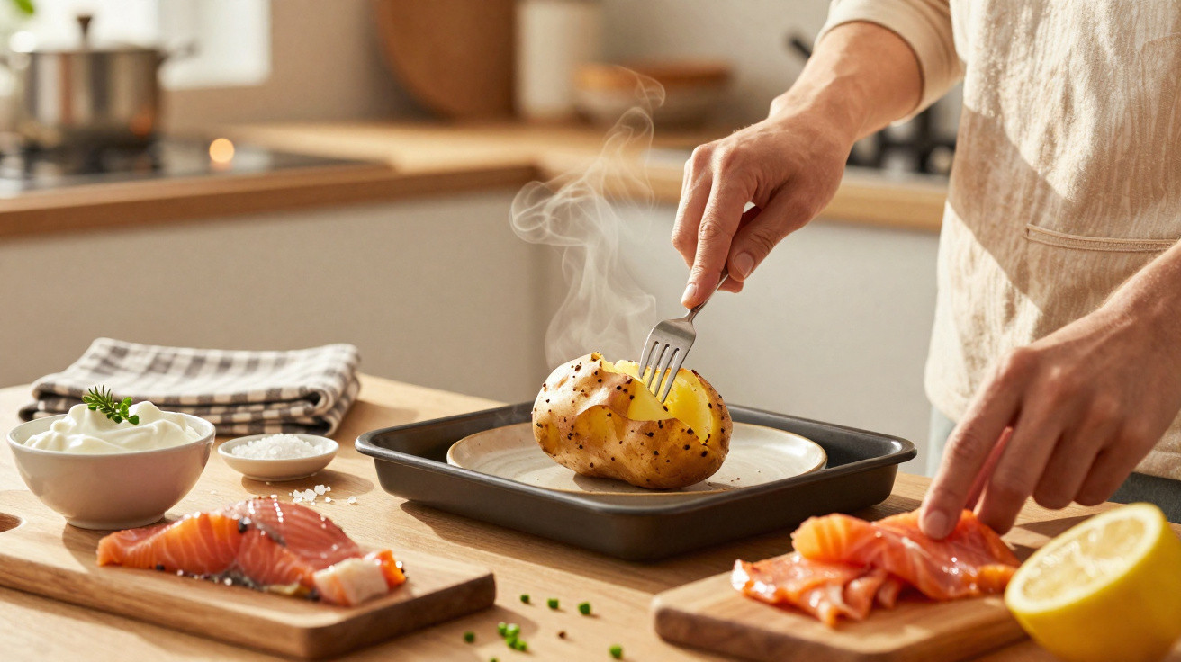 Pessoa a abrir batata quente com garfo na cozinha, com salmão fumado, lima e molho ao lado.