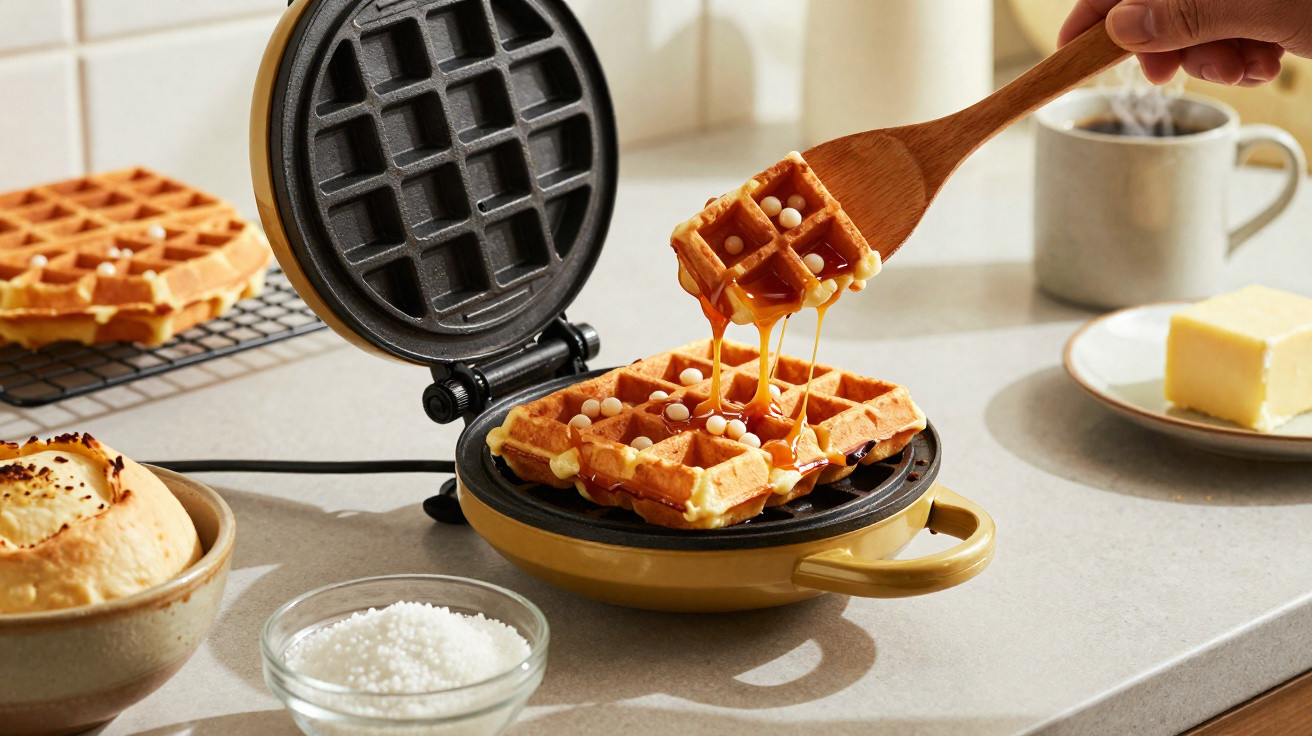 Waffle a ser retirado de máquina, coberto com xarper mel e bolinhas brancas, em bancada de cozinha.