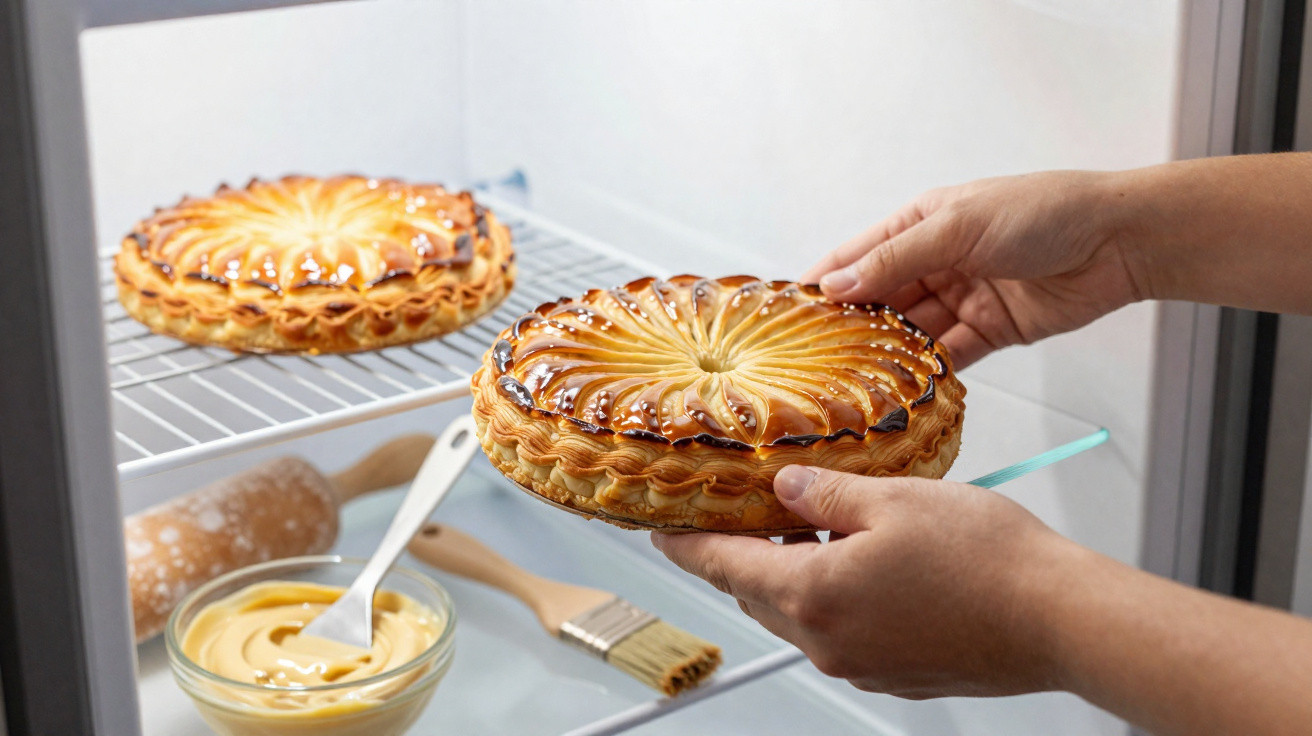 Mãos a colocar tarte folhada decorada na prateleira do frigorífico, com creme e utensílios visíveis.