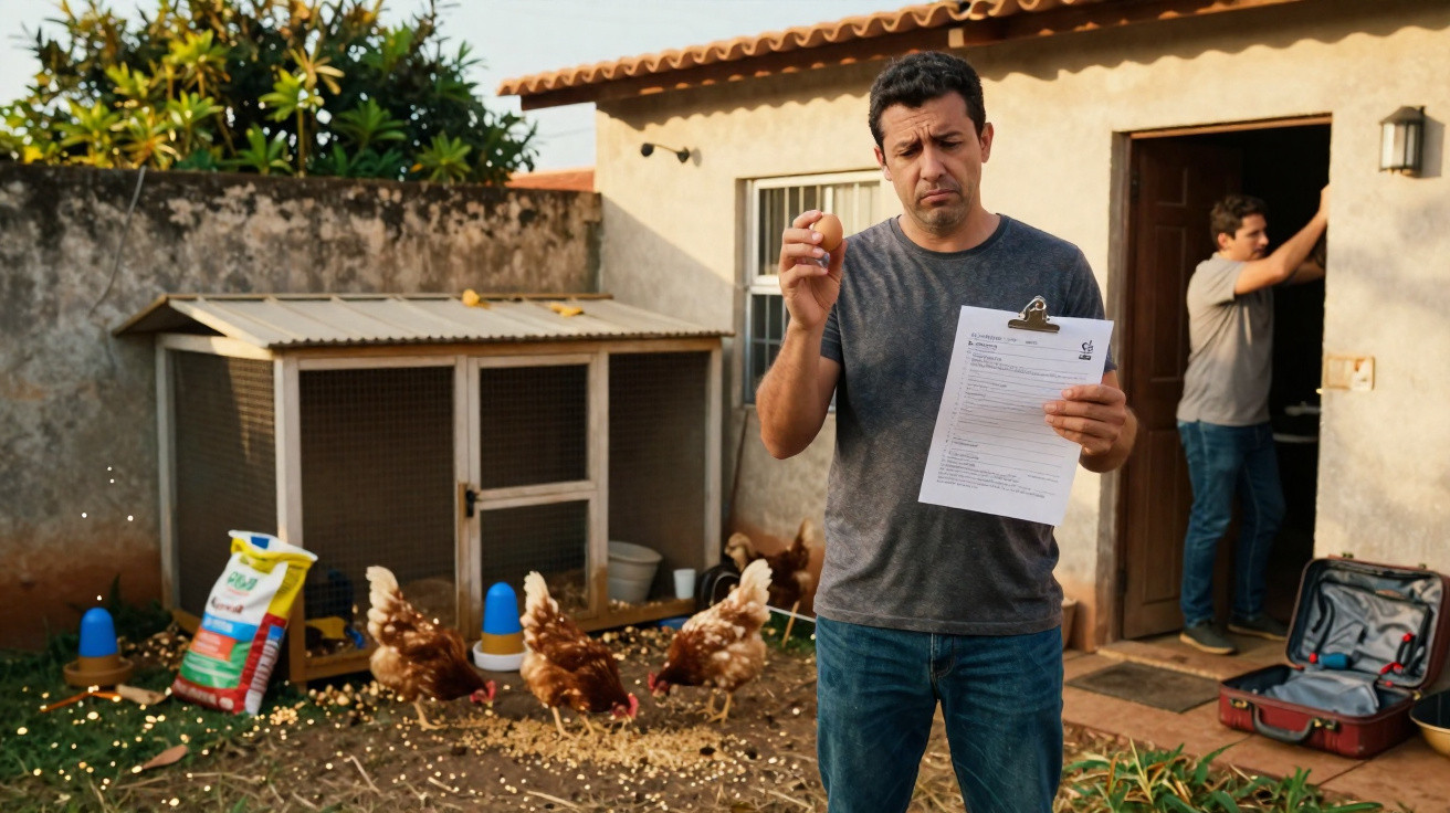 Homem a segurar ovo e papel, junto a galinhas em galinheiro no quintal de casa, outra pessoa na porta.