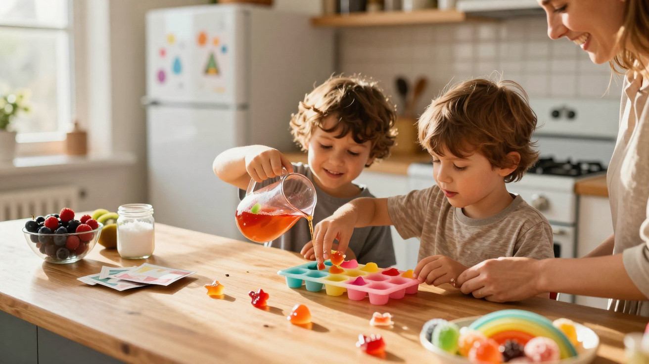 Crianças a fazer gelados caseiros com a ajuda da mãe numa cozinha luminosa e acolhedora.