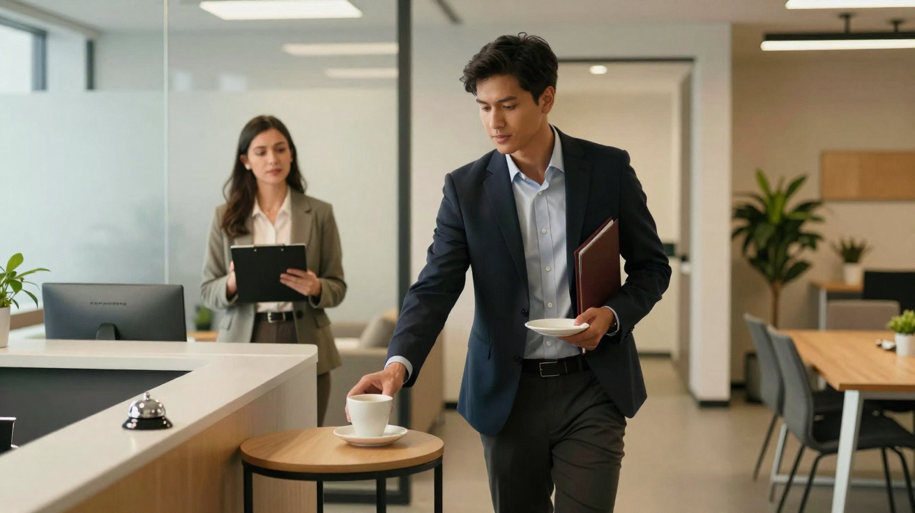 Homem de fato azul a pegar uma chávena de café numa mesa redonda num escritório moderno com colega ao fundo.
