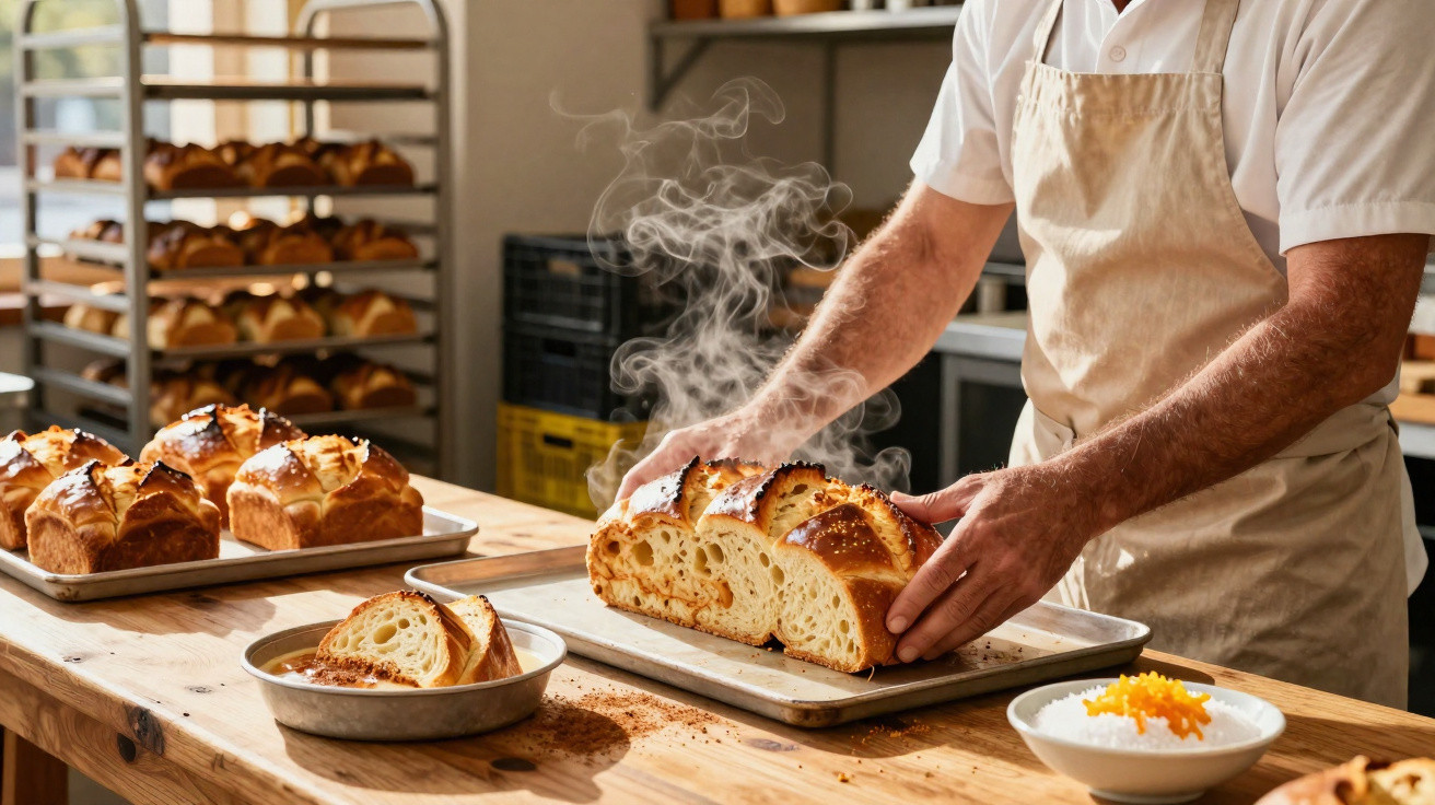 Pessoa a cortar pão acabado de cozer num tabuleiro numa cozinha de padaria artesanal.