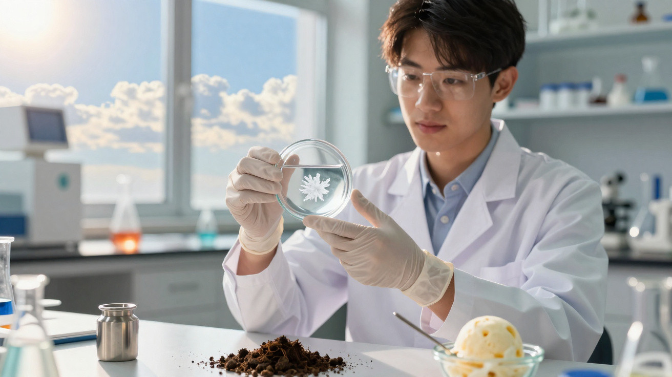 Cientista em laboratório a observar cultura em placa de Petri, com amostra de terra e gelado na mesa.