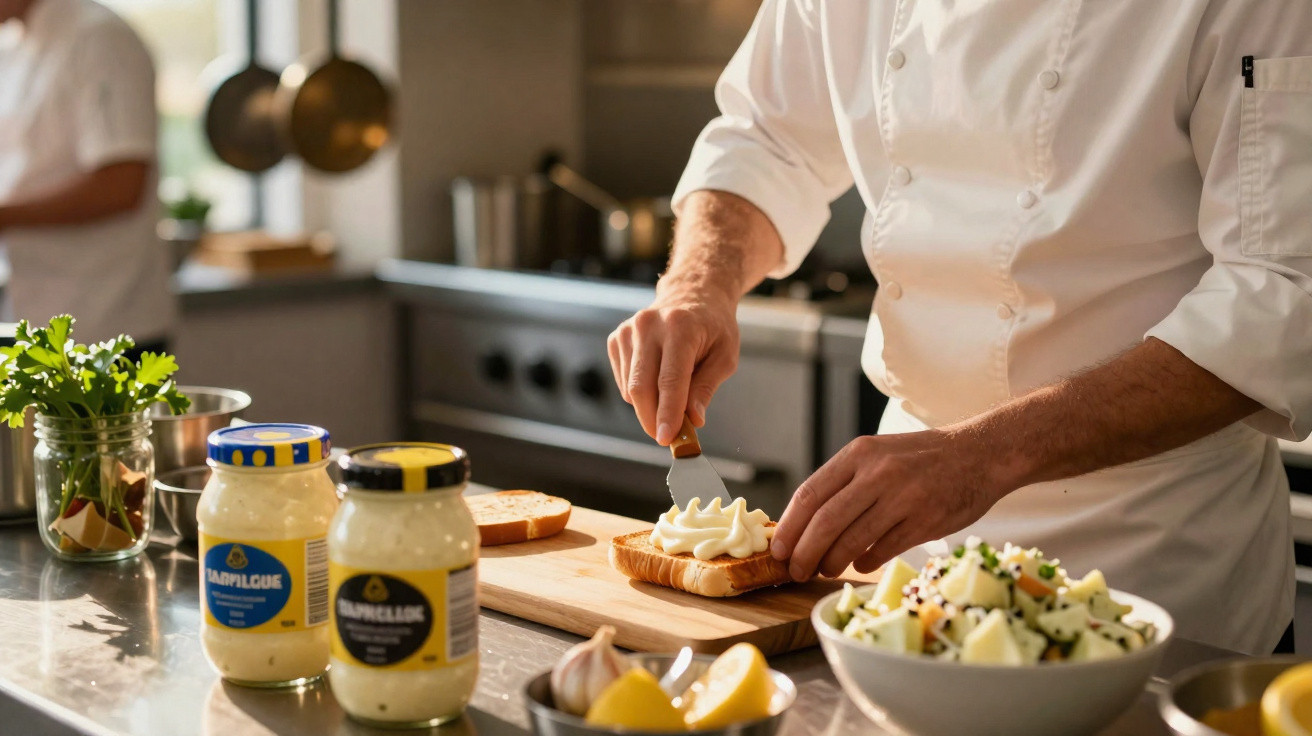 Chef a barrar maionese numa fatia de pão numa cozinha profissional com ingredientes frescos.