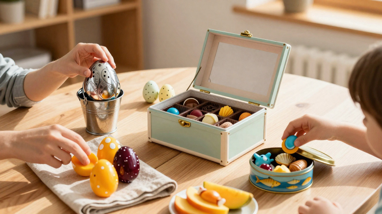 Crianças a brincar com ovos coloridos e caixas de chocolates sobre uma mesa de madeira clara.