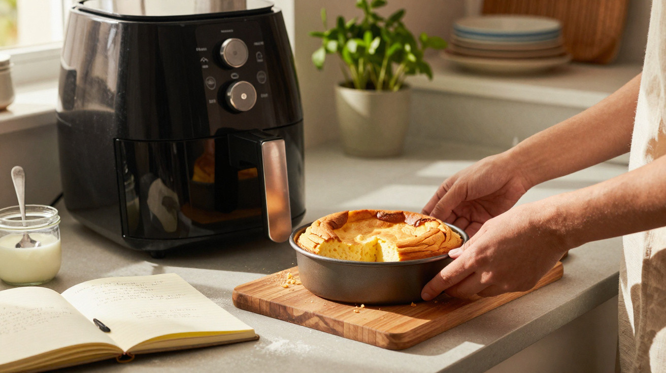 Pessoa a retirar bolo recém-cozido numa forma de uma fritadeira de ar preta numa bancada de cozinha.