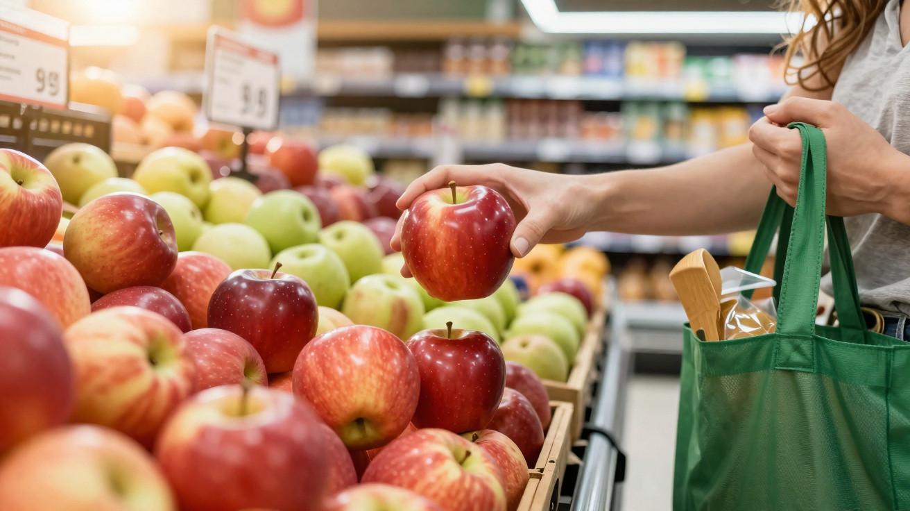 Pessoa a escolher maçã vermelha numa banca de frutas num supermercado, com sacola reutilizável verde.