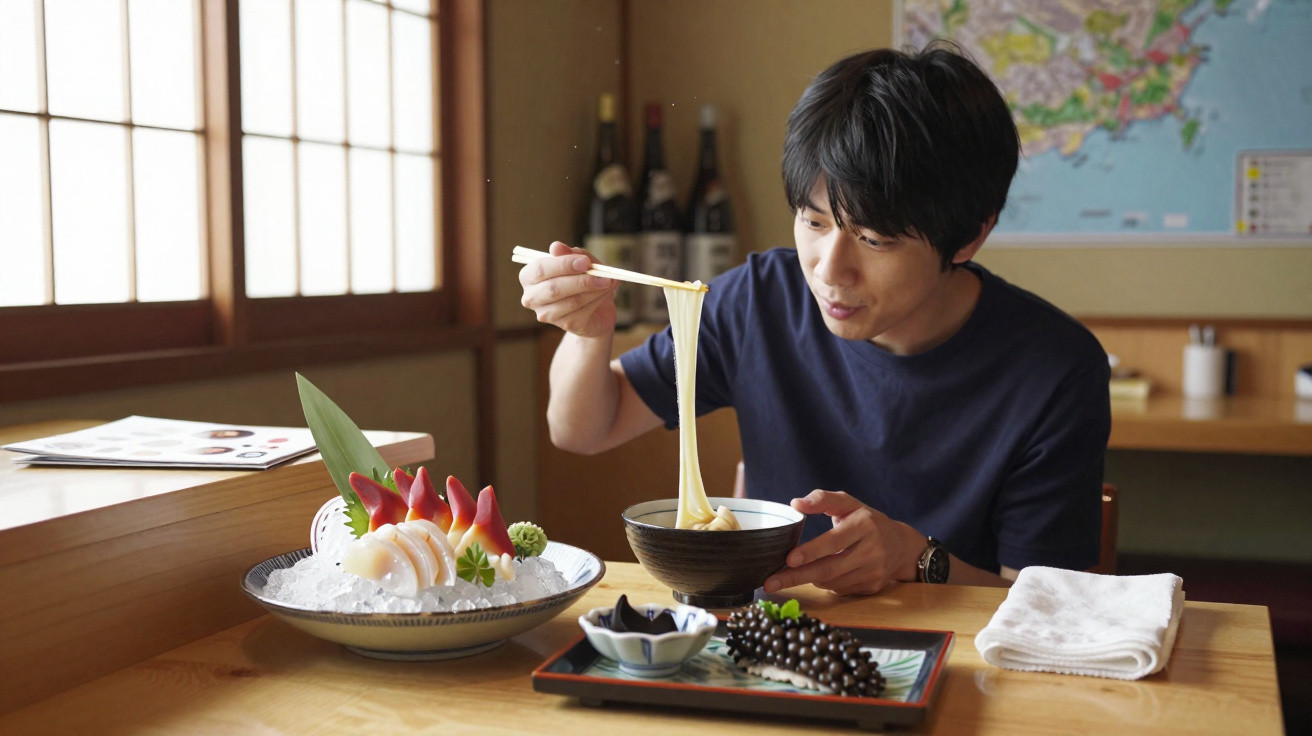 Homem a comer noodles com pauzinhos num restaurante tradicional japonês.