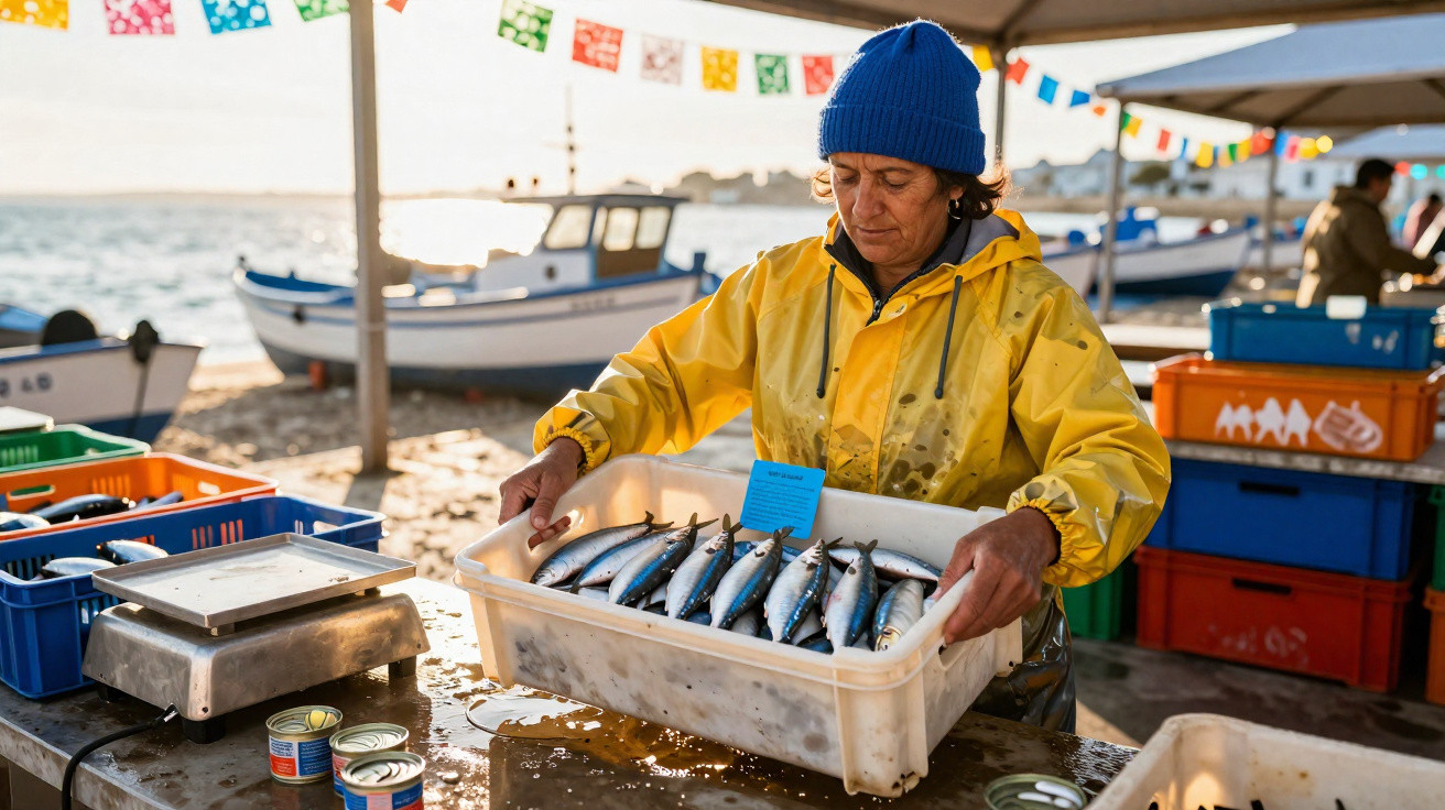 Vendedora de peixe com impermeável amarelo segura caixa com sardinhas frescas numa feira junto ao mar.